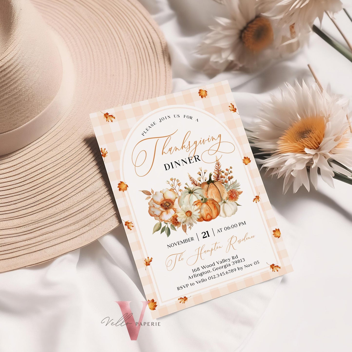 Autumn Thanksgiving DINNER Invitation | FALL Lets Thankful Together Friendsgiving Invite | Potluck Modern Rustic PUMPKIN Casual Thanksgiving