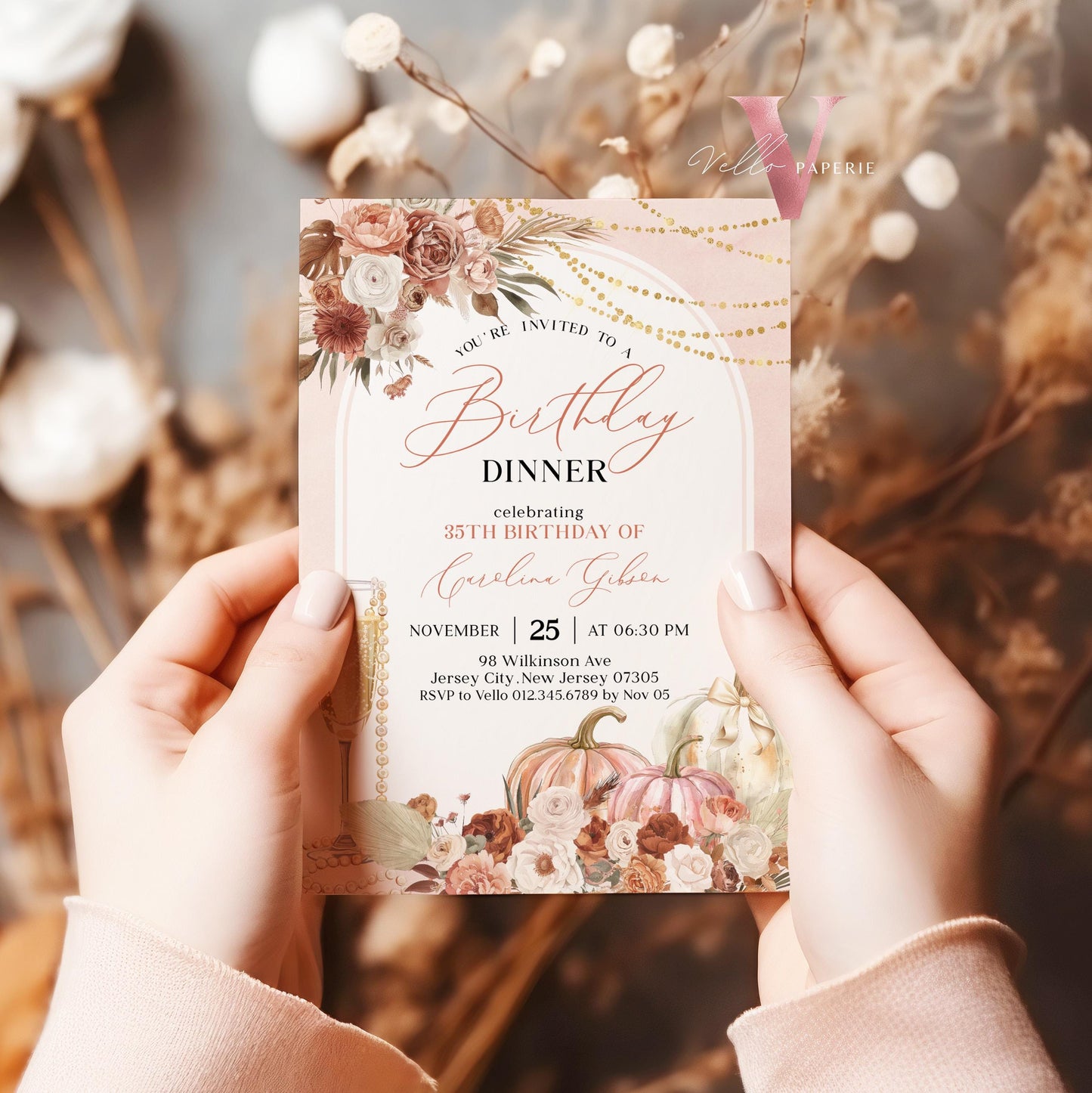 FALL Pumpkin Modern Birthday Party Invitation | Autumn Pumpkin & Prosesco Floral Birthday Invite | Arch Blush Pink Terracota Flower Autumn