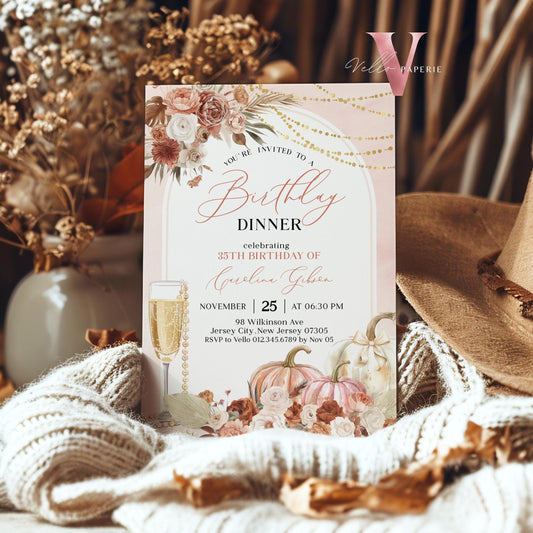 FALL Pumpkin Modern Birthday Party Invitation | Autumn Pumpkin & Prosesco Floral Birthday Invite | Arch Blush Pink Terracota Flower Autumn