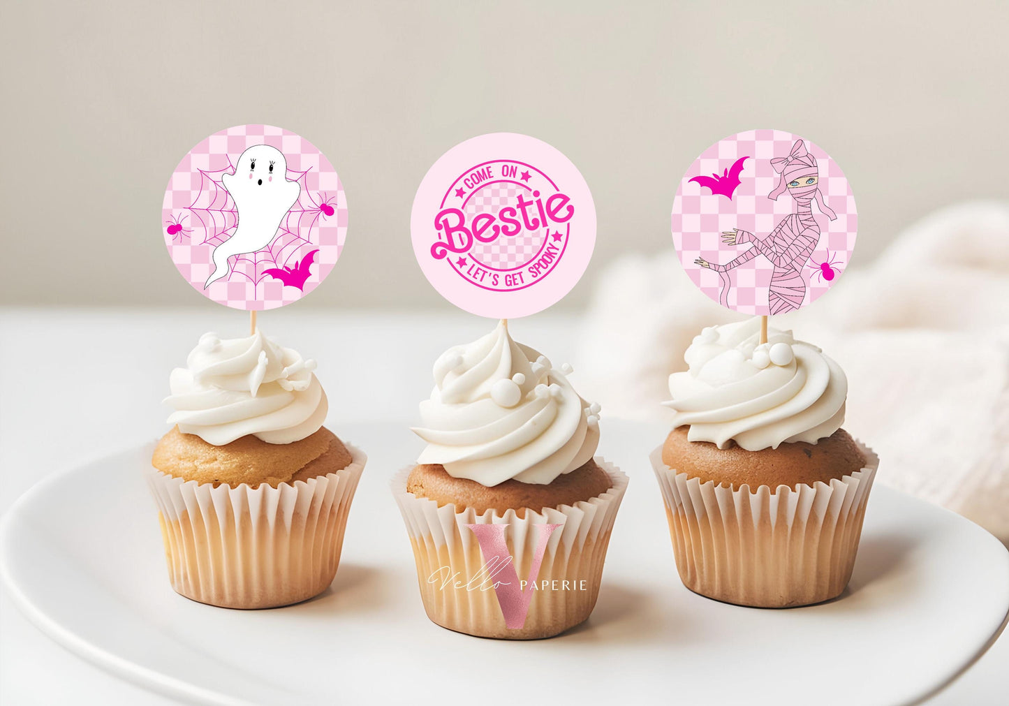 8Design Editable "Bestie" Spooky Pink Doll Halloween Party Cupcake Topper | Cute Pink Ghost Maliboo Spooky Cake Decor | Dolloween Favor PH01