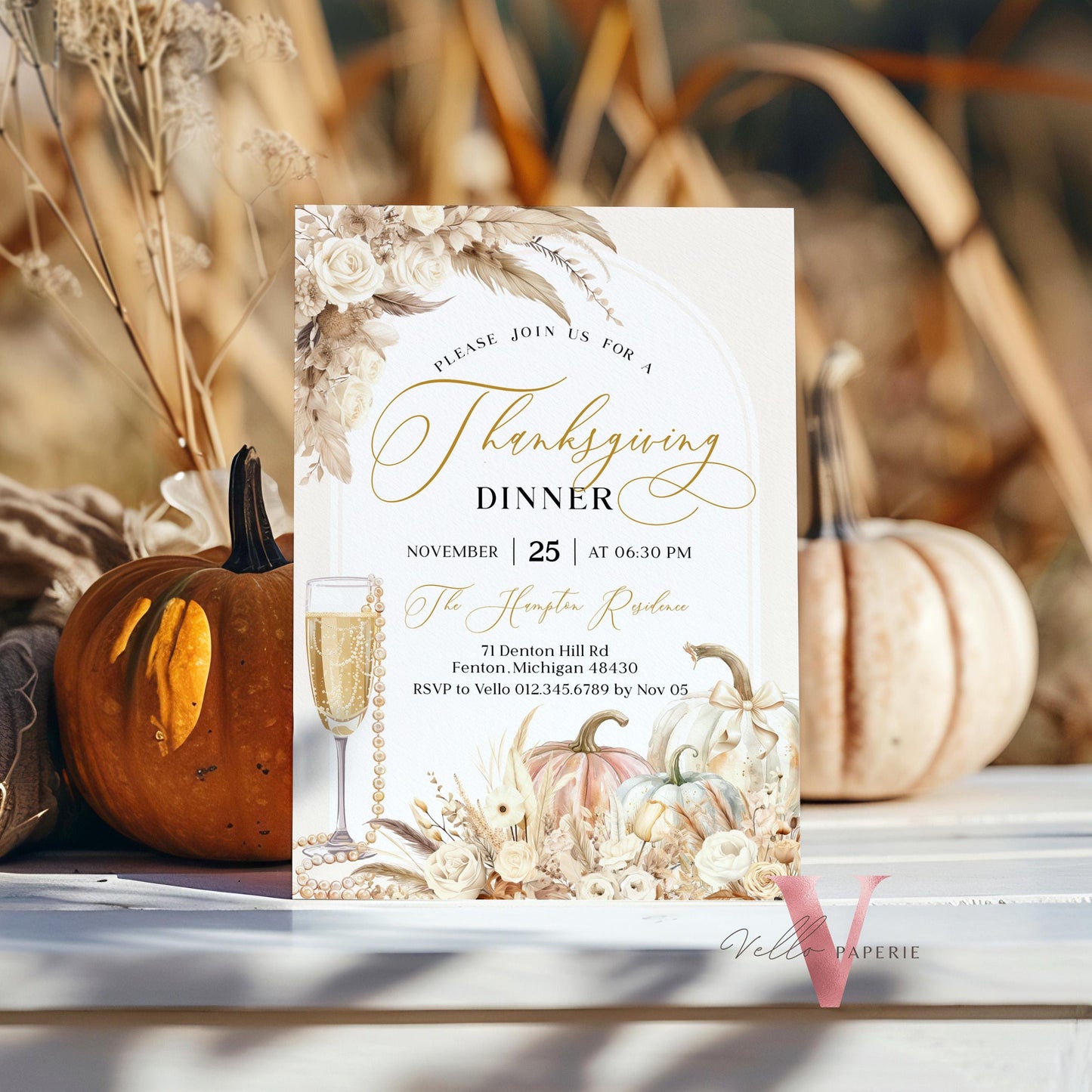 BOHO Autumn Thanksgiving DINNER Invitation | FALL Lets Thankful Together Friendsgiving Invite | Potluck Modern Boho Pumpkin Thanksgiving