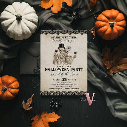 Editable Modern Vintage Halloween Invitation | We re DYING to party with you Halloween Party Invite | Antique Adults Costume Party AHP01