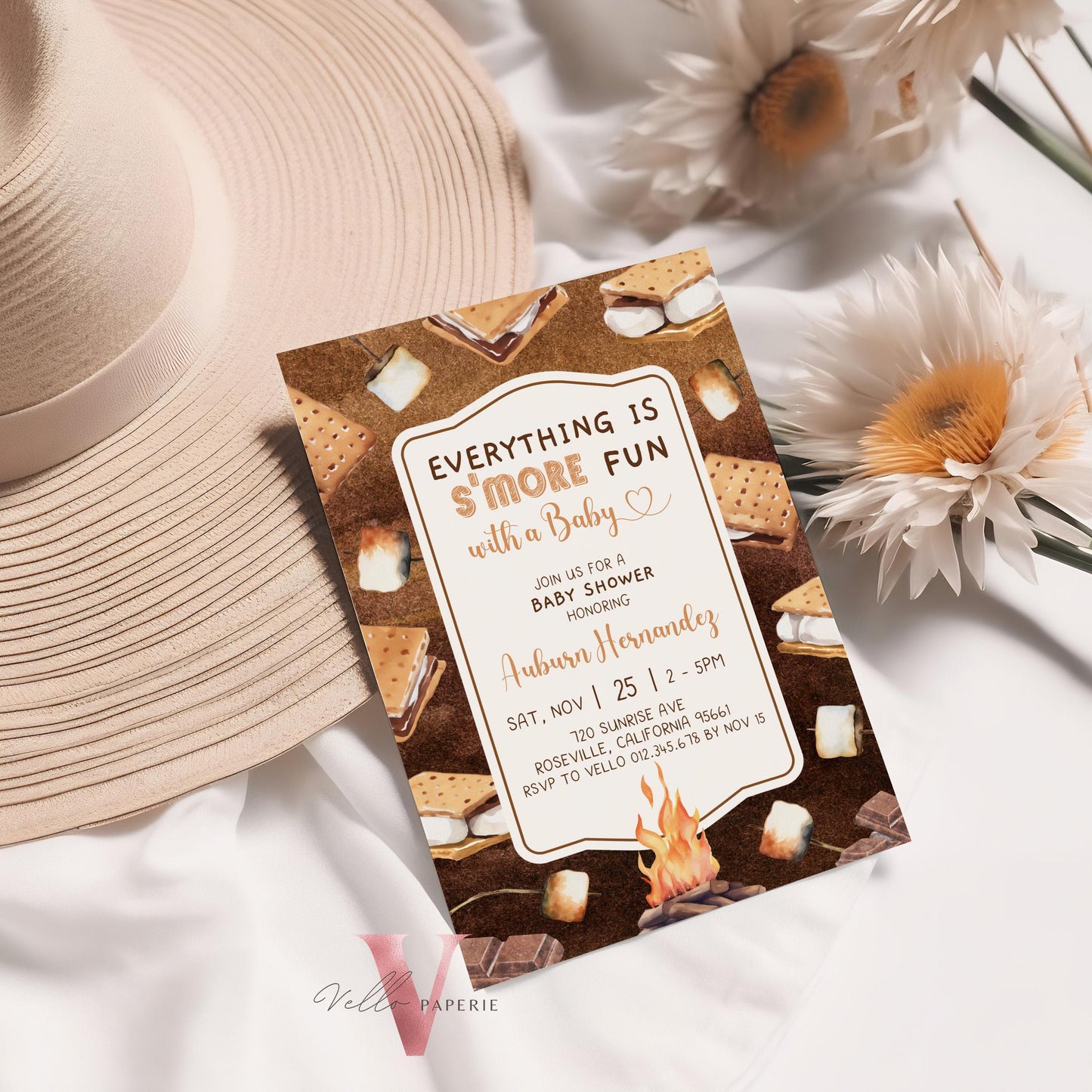 Editable S'mores Baby Shower Invitation | FALL Camping Bonfire Baby Shower | Campire Smore Fun with Baby Party | Autumn Couple Shower SBS01