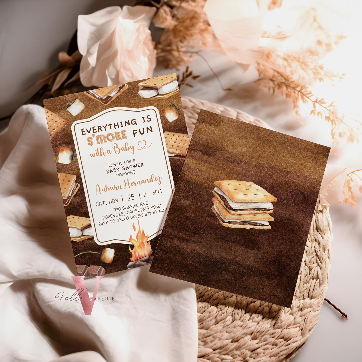 Editable S'mores Baby Shower Invitation | FALL Camping Bonfire Baby Shower | Campire Smore Fun with Baby Party | Autumn Couple Shower SBS01