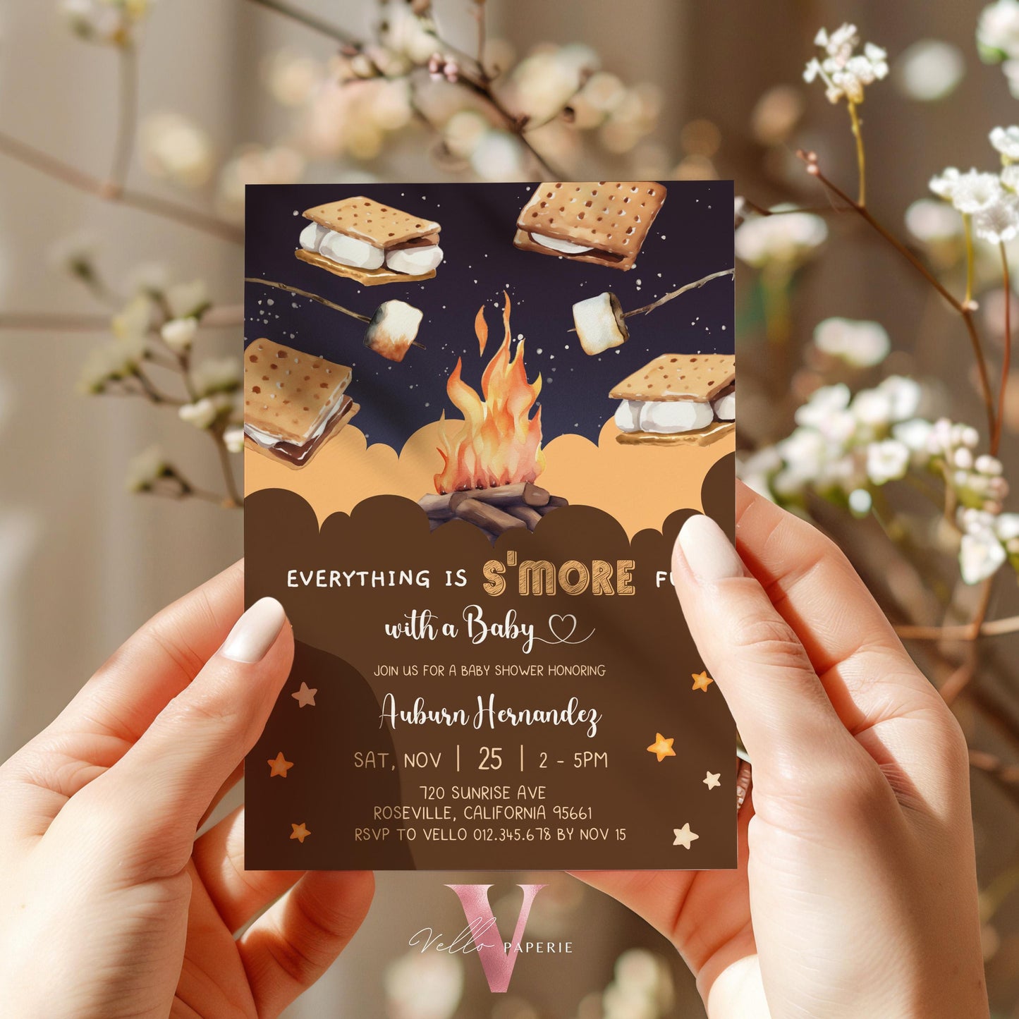 Editable S'mores Baby Shower Invitation | FALL Camping Bonfire Baby Shower | Campire Smore Fun with Baby Party | Autumn Couple Shower SBS01