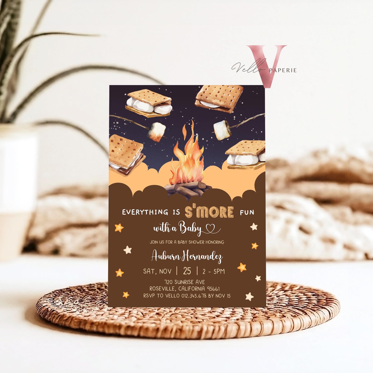 Editable S'mores Baby Shower Invitation | FALL Camping Bonfire Baby Shower | Campire Smore Fun with Baby Party | Autumn Couple Shower SBS01