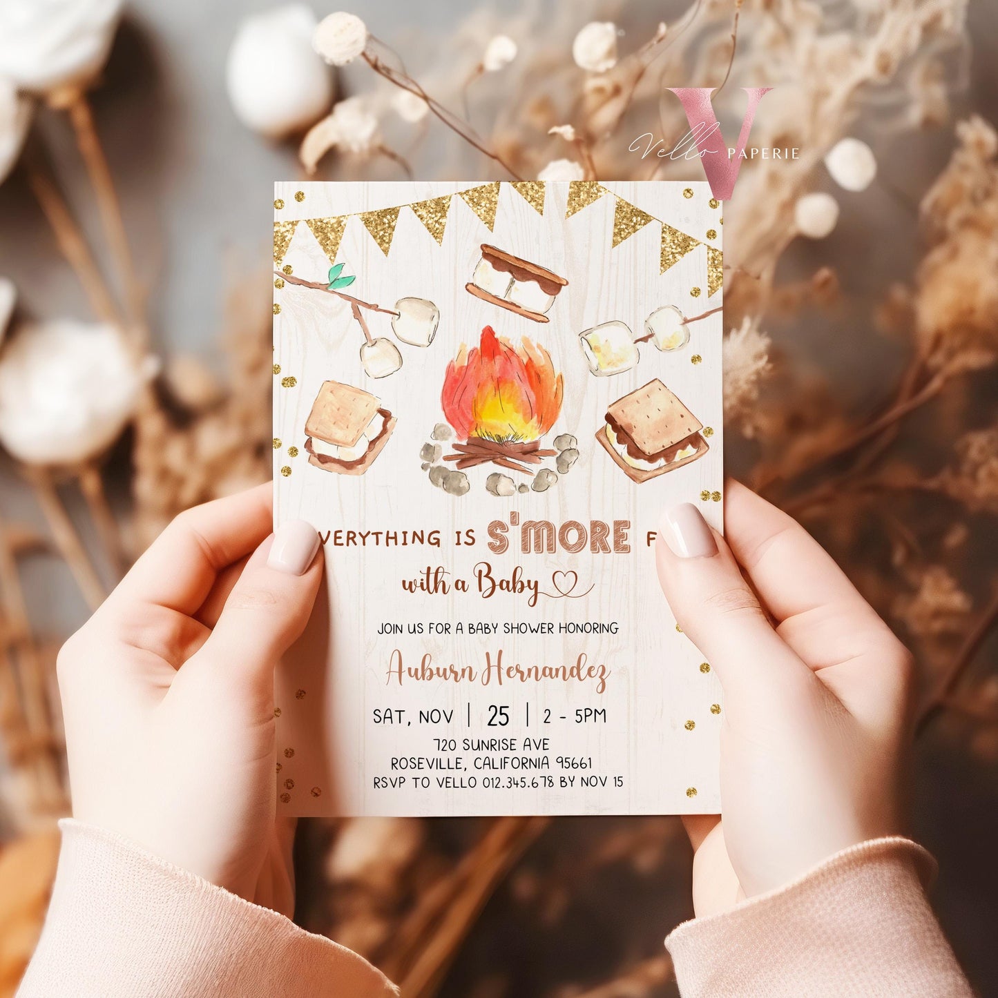 Editable S'mores Baby Shower Invitation | FALL Camping Bonfire Baby Shower | Campire Smore Fun with Baby Party | Autumn Couple Shower SBS01