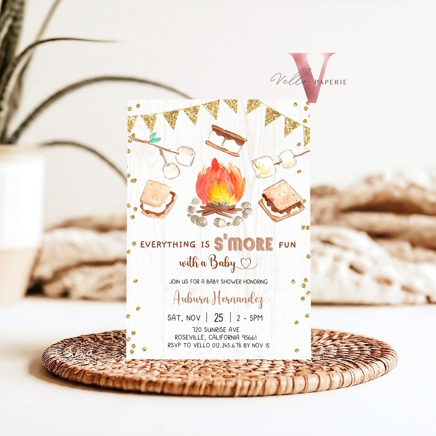 Editable S'mores Baby Shower Invitation | FALL Camping Bonfire Baby Shower | Campire Smore Fun with Baby Party | Autumn Couple Shower SBS01