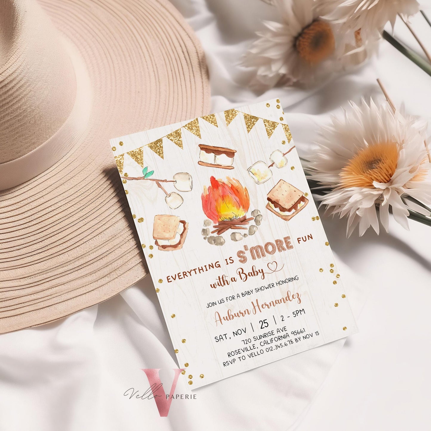 Editable S'mores Baby Shower Invitation | FALL Camping Bonfire Baby Shower | Campire Smore Fun with Baby Party | Autumn Couple Shower SBS01