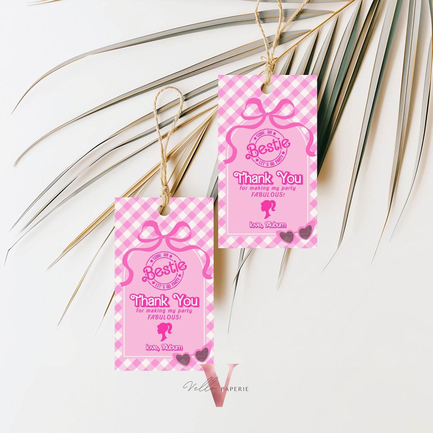 Editable "Bestie" Pink Fashion Doll Birthday FAVOR TAG | Cute Pink Fashion Party Thankyou Card | Pink Gingham Come On Lets Go Party  PD28