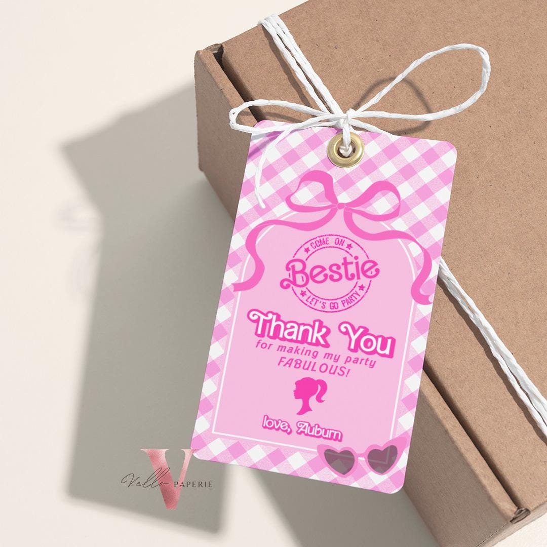 Editable "Bestie" Pink Fashion Doll Birthday FAVOR TAG | Cute Pink Fashion Party Thankyou Card | Pink Gingham Come On Lets Go Party  PD28