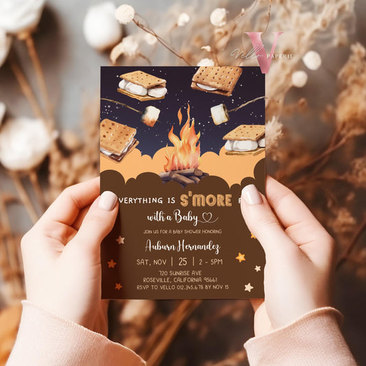 Editable S'mores Baby Shower Invitation | FALL Camping Bonfire Baby Shower | Campire Smore Fun with Baby Party | Autumn Couple Shower SBS01