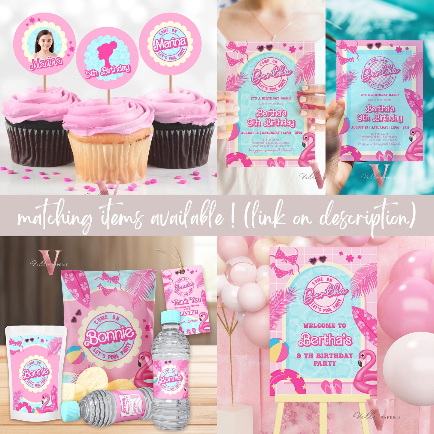 Pink Doll Pool Birthday Invitation | Editable Printable Malibu Pool Party Invite | Pink Blue Malibu Come On Lets Go Party Instant  PDP01