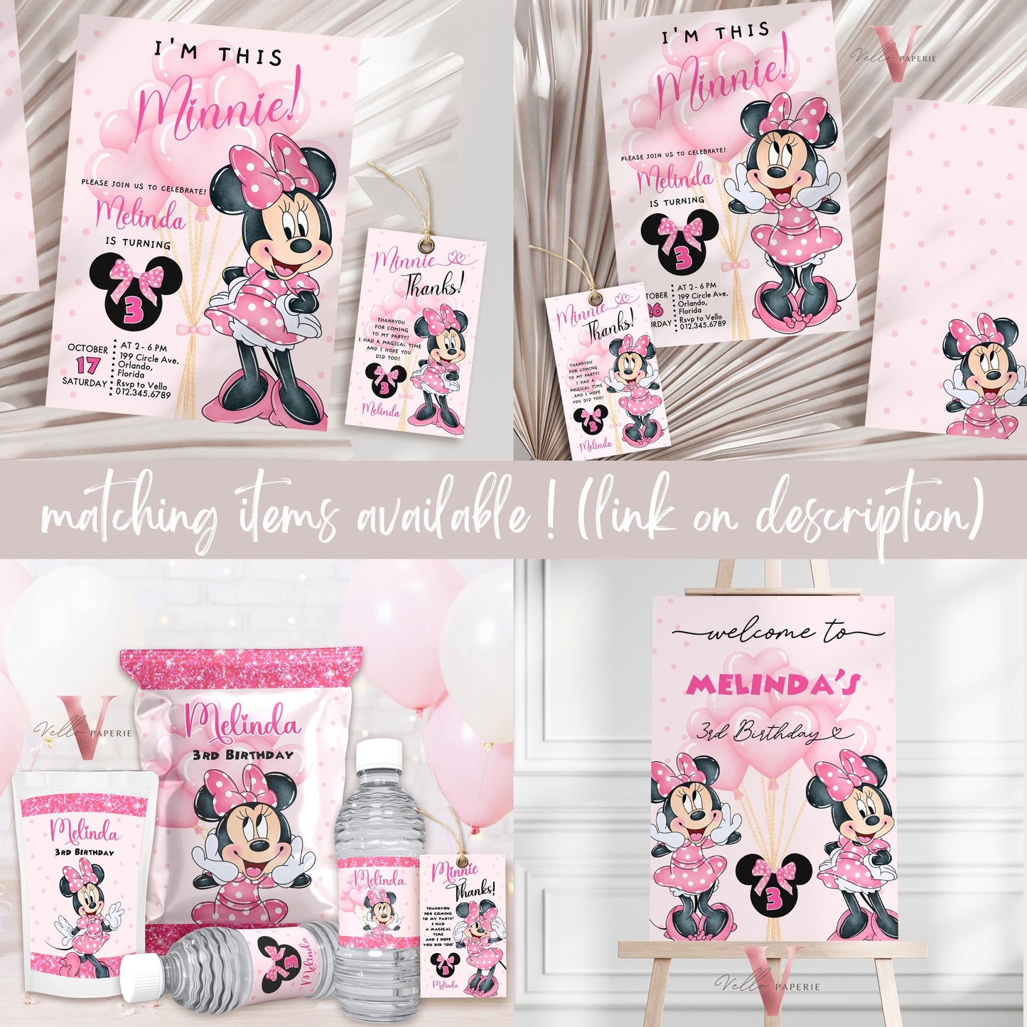 Self Editable Any Age Minnie Mouse Birthday Water Bottle Label | Glitter Pink Polkadot Minnie Party Glass Label, Party Favors Decor MMB02