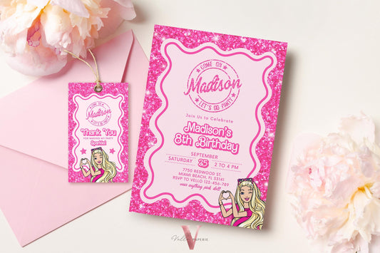 Wave Pink Sparkle Fashion Doll Cartoon Birthday Invitation, Pink Doll Glitter Come On Lets Go Pink Party Invite Instant Template