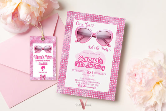 Glam Sunglasses Pink Fashion Doll Birthday Invitation | Barb Princess Pink Doll Glitter Come On Lets Go Pink Party Invite Instant Template