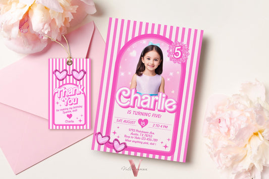 Stripe Sunglass Pink Fashion Doll Box Birthday Invitation | Editable Photo Glam Pink Doll Party Invite | Instant Template Download