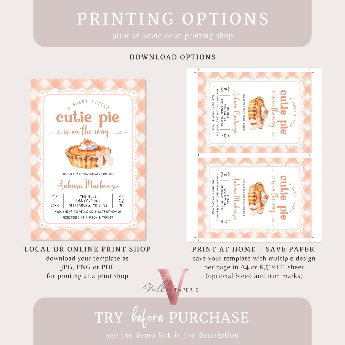 Sweet Cutie Pie on the way Baby Shower Invitation | FALL Cutie Pie Baby Shower Invite | Autumn Baby Shower Gender Neutral Pie Gingham CPB01