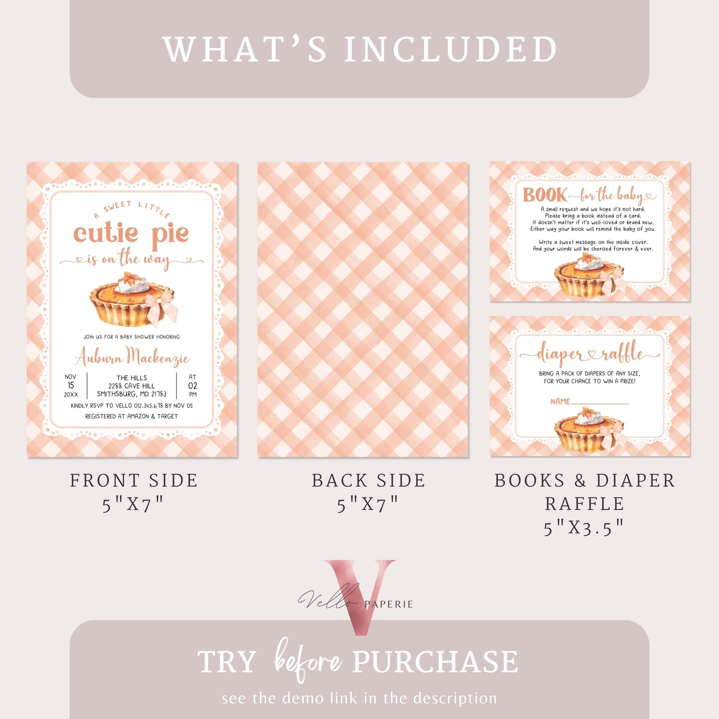 Sweet Cutie Pie on the way Baby Shower Invitation | FALL Cutie Pie Baby Shower Invite | Autumn Baby Shower Gender Neutral Pie Gingham CPB01