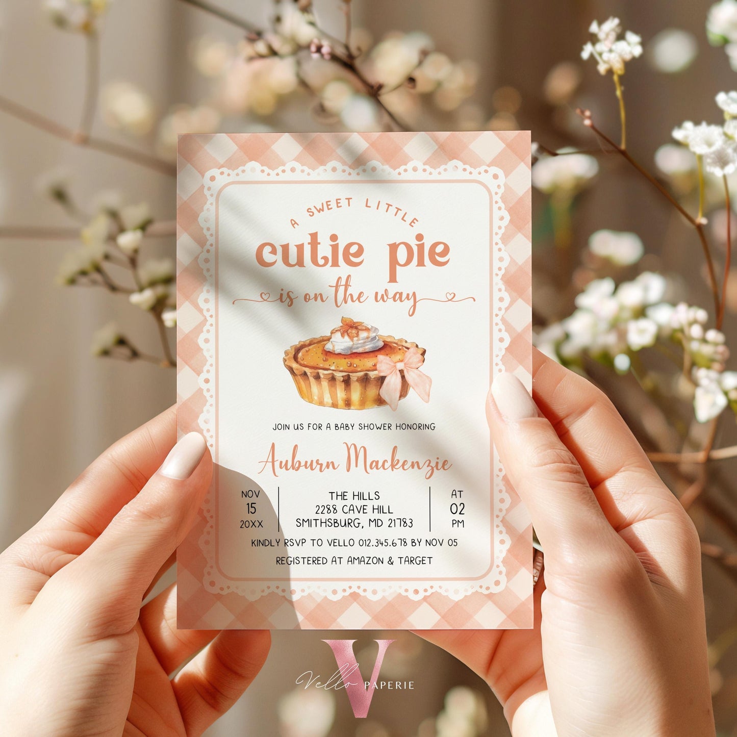 Sweet Cutie Pie on the way Baby Shower Invitation | FALL Cutie Pie Baby Shower Invite | Autumn Baby Shower Gender Neutral Pie Gingham CPB01