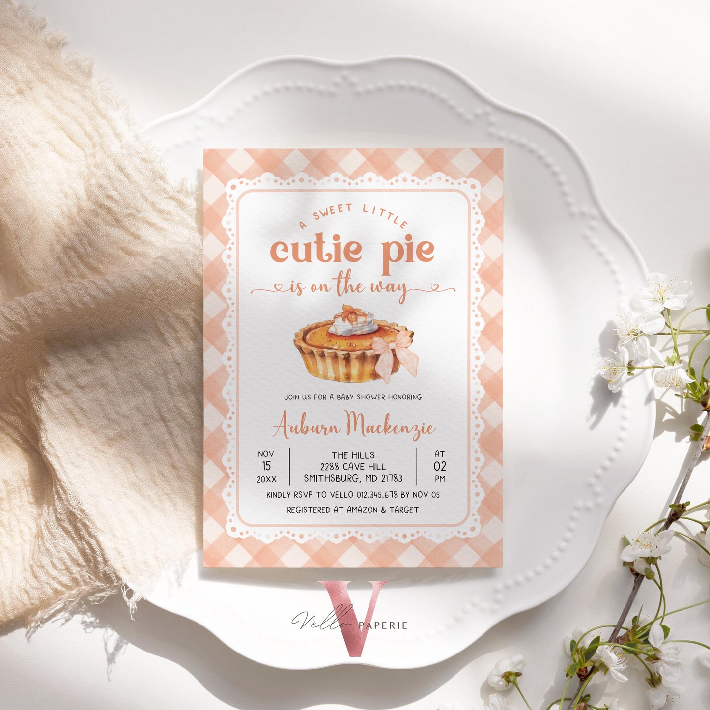 Sweet Cutie Pie on the way Baby Shower Invitation | FALL Cutie Pie Baby Shower Invite | Autumn Baby Shower Gender Neutral Pie Gingham CPB01