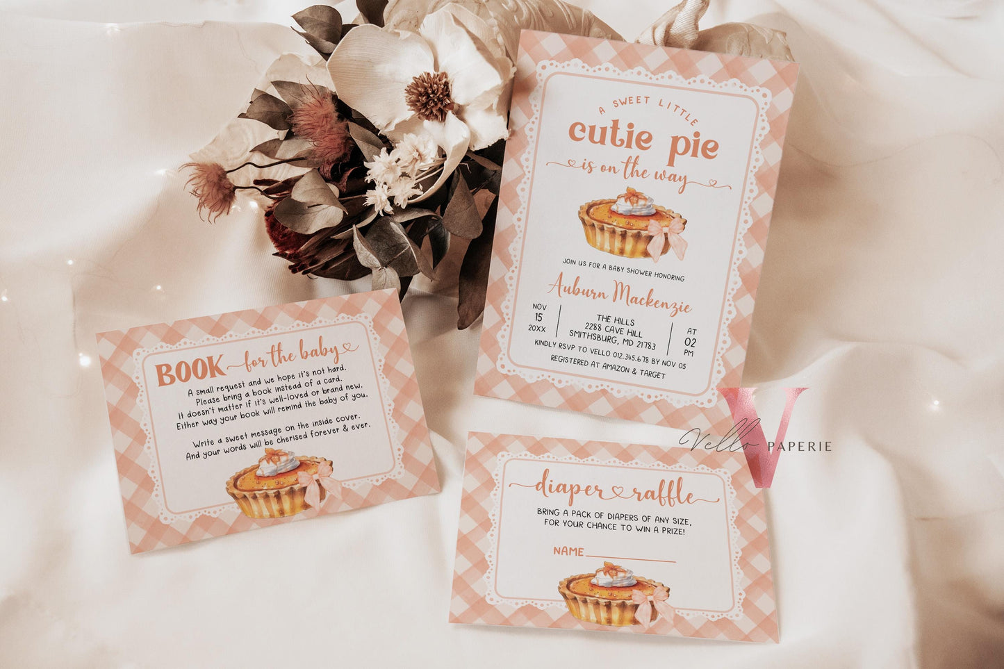 Sweet Cutie Pie on the way Baby Shower Invitation | FALL Cutie Pie Baby Shower Invite | Autumn Baby Shower Gender Neutral Pie Gingham CPB01