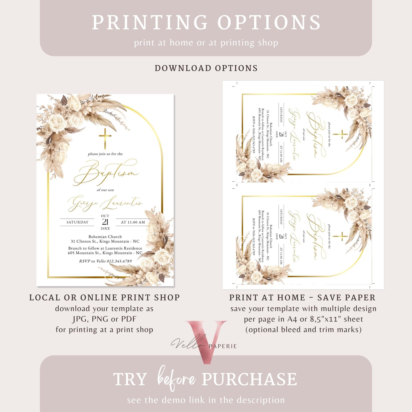 Modern BOHO Cross BAPTISM Invitation | Pampas Grass Christening Invite | Baby Dedication | Free Digital Invite, Optional Photo, Favor Tag