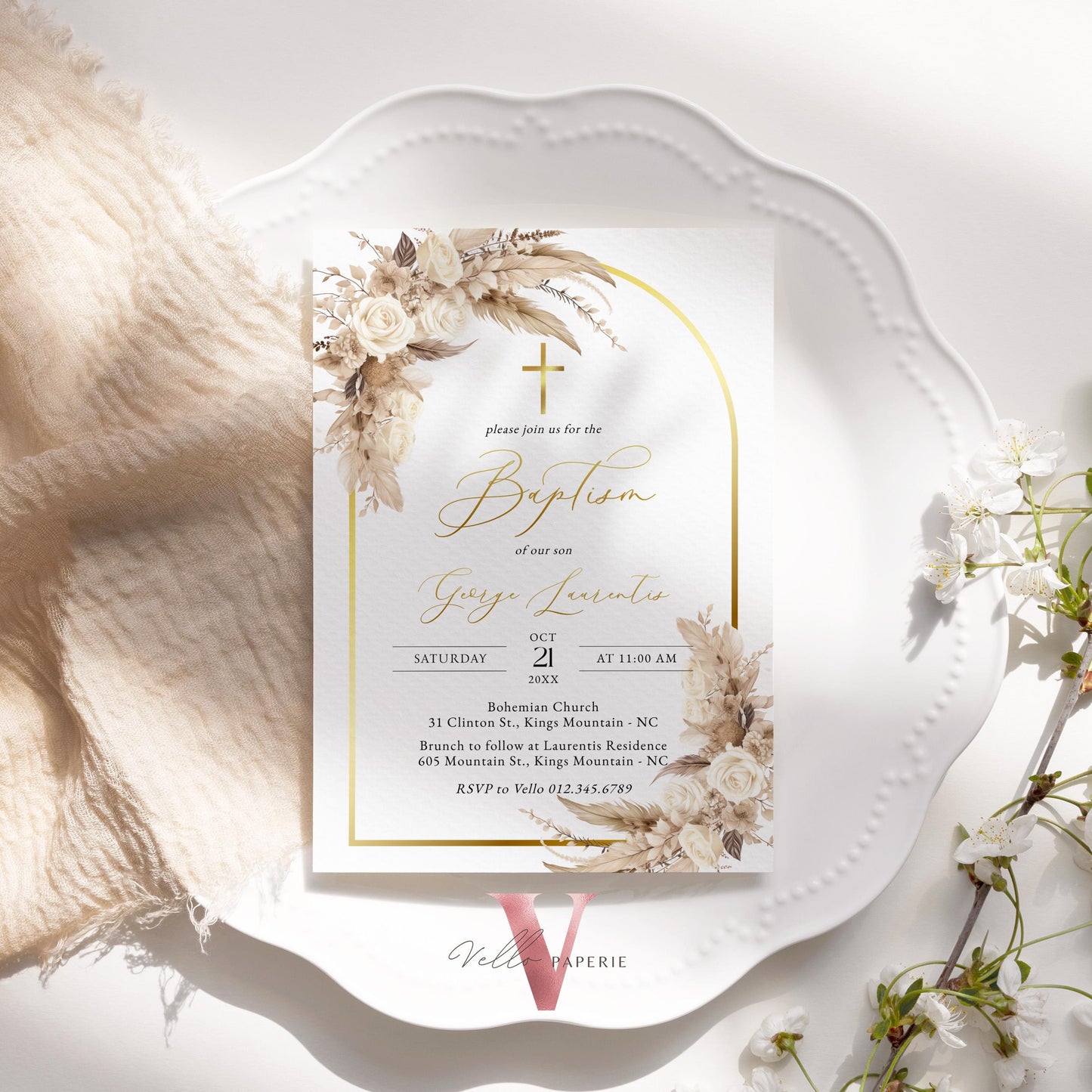 Modern BOHO Cross BAPTISM Invitation | Pampas Grass Christening Invite | Baby Dedication | Free Digital Invite, Optional Photo, Favor Tag