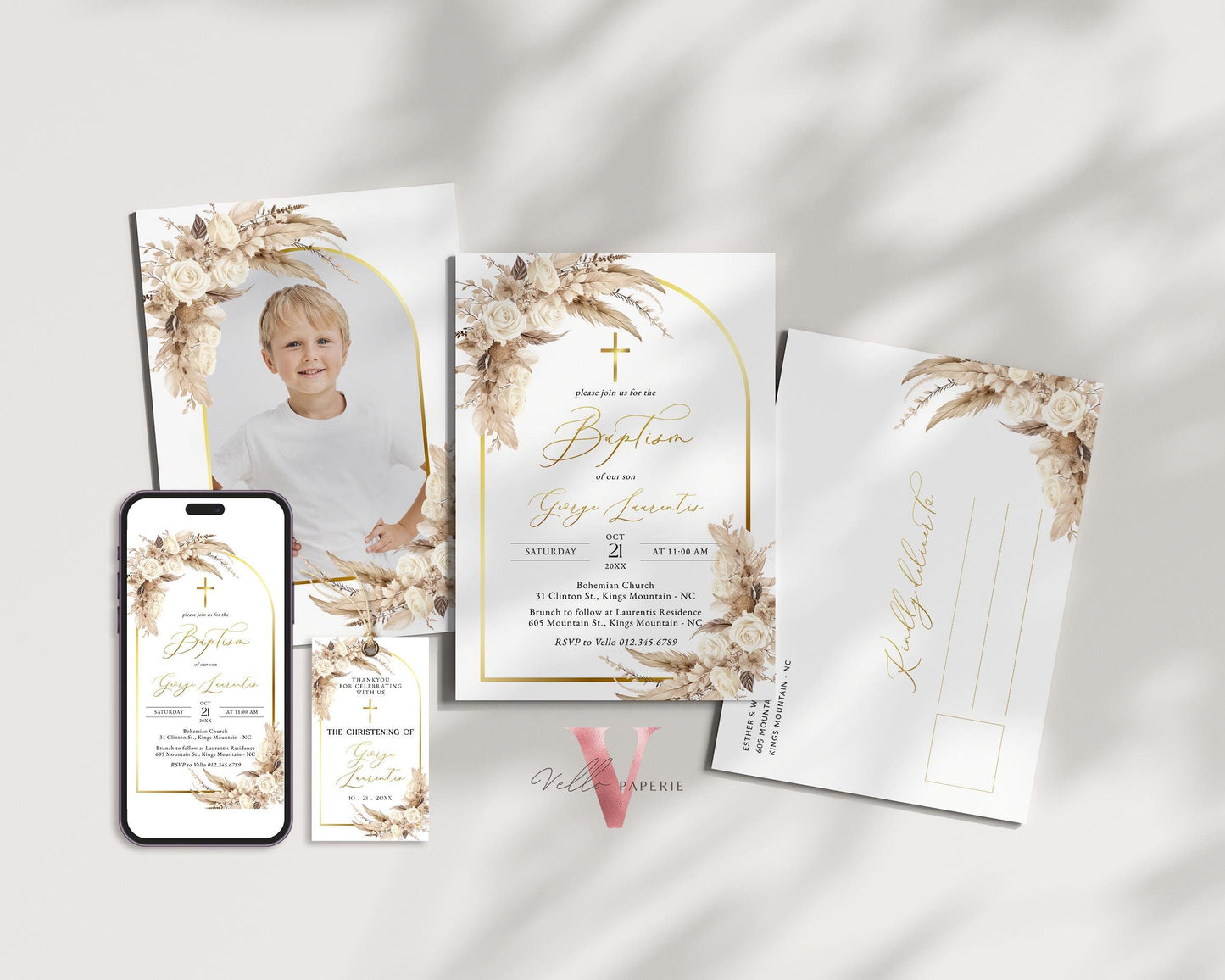 Modern BOHO Cross BAPTISM Invitation | Pampas Grass Christening Invite | Baby Dedication | Free Digital Invite, Optional Photo, Favor Tag