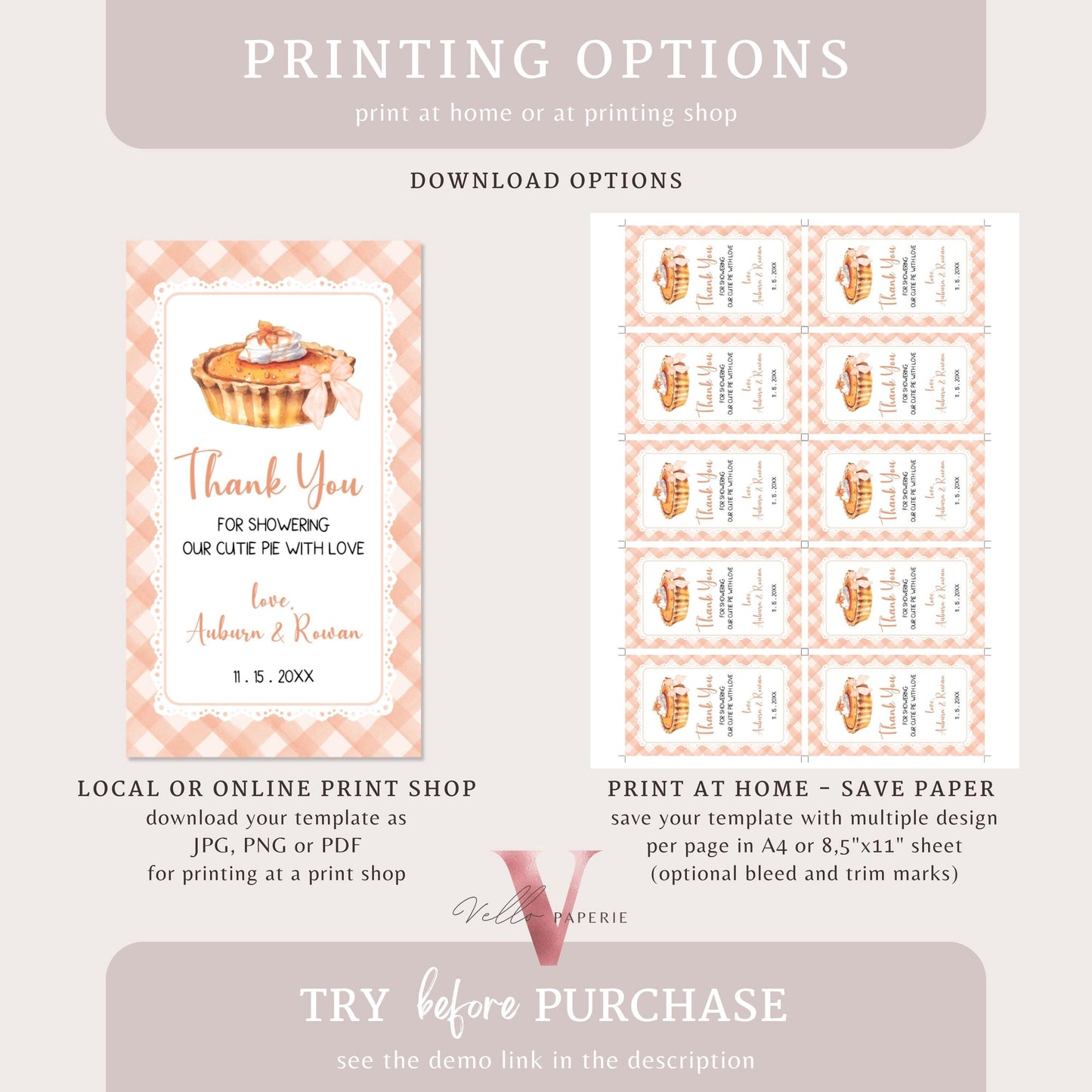 Sweet Cutie Pie Baby Shower Food Label | FALL Autumn Cutie Pie Baby Shower Any Label | Orange Gingham Gender Neutral Pie Baby Decor CPB01