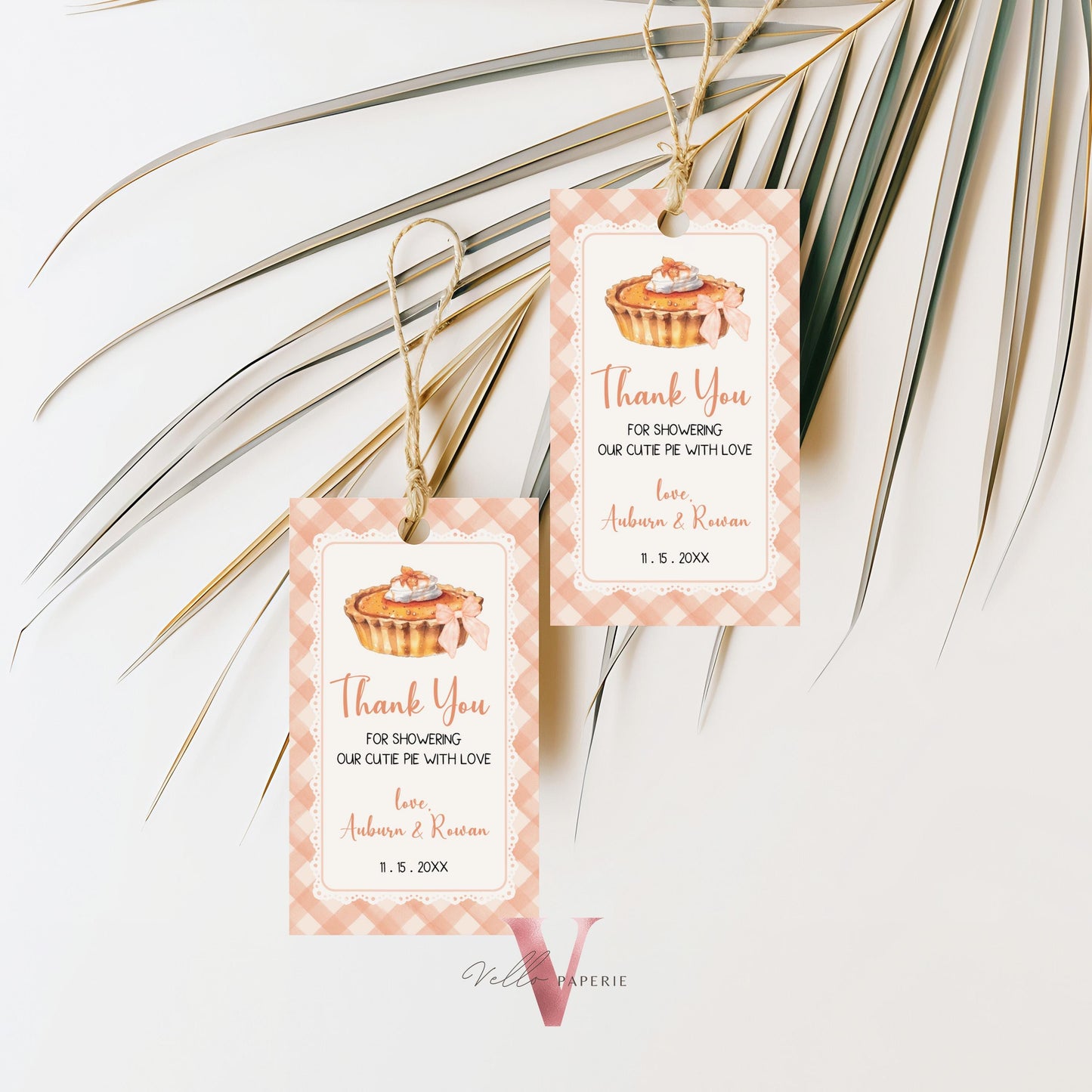 Sweet Cutie Pie Baby Shower Favor Tag | FALL Autumn Cutie Pie Baby Shower Thankyou Card | Orange Gingham Gender Neutral Pie Round Tag CPB01