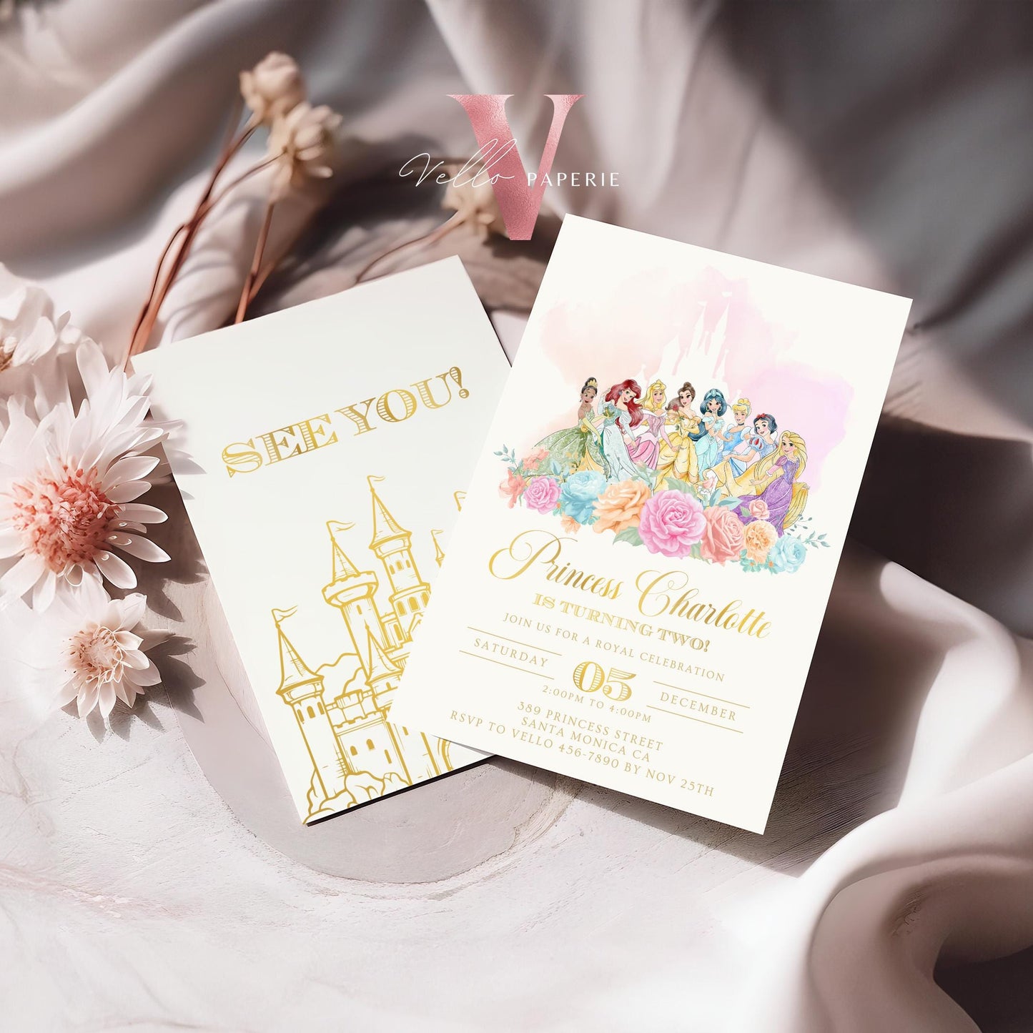 Editable Full Princess Royal Birthday Invitation | Once Upon a Time Birthday Party Girl | Beige Gold Princess Watercolor Invite  PB01