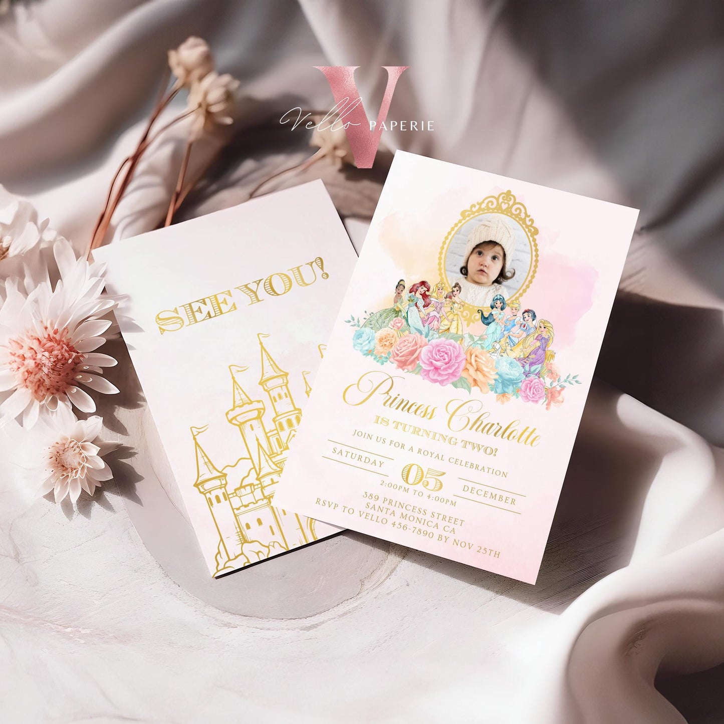 Editable Photo Princess Royal Birthday Invitation | Once Upon a Time Birthday Party Girl | Blush Pink Gold Princess Watercolor Invite PB01