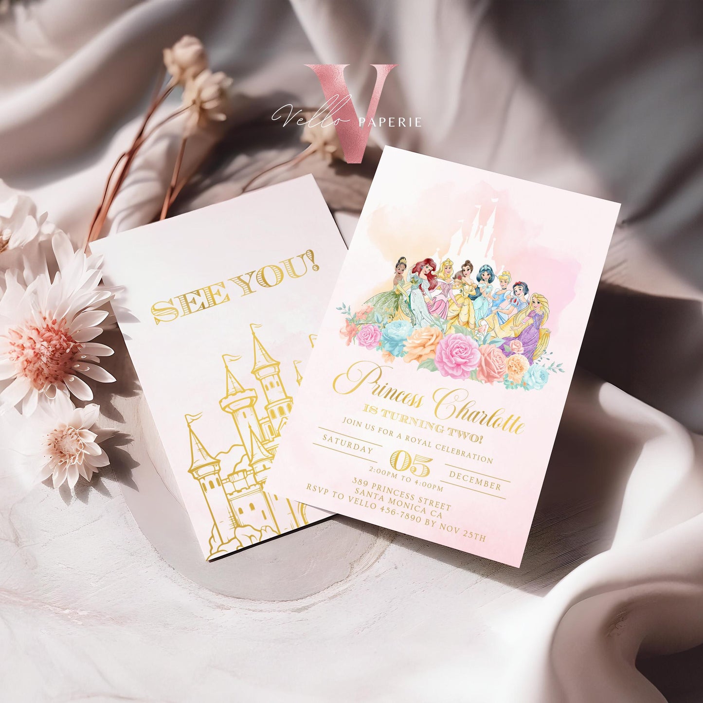 Editable Full Princess Royal Birthday Invitation | Once Upon a Time Birthday Party Girl | Blush Pink Gold Princess Watercolor Invite  PB01