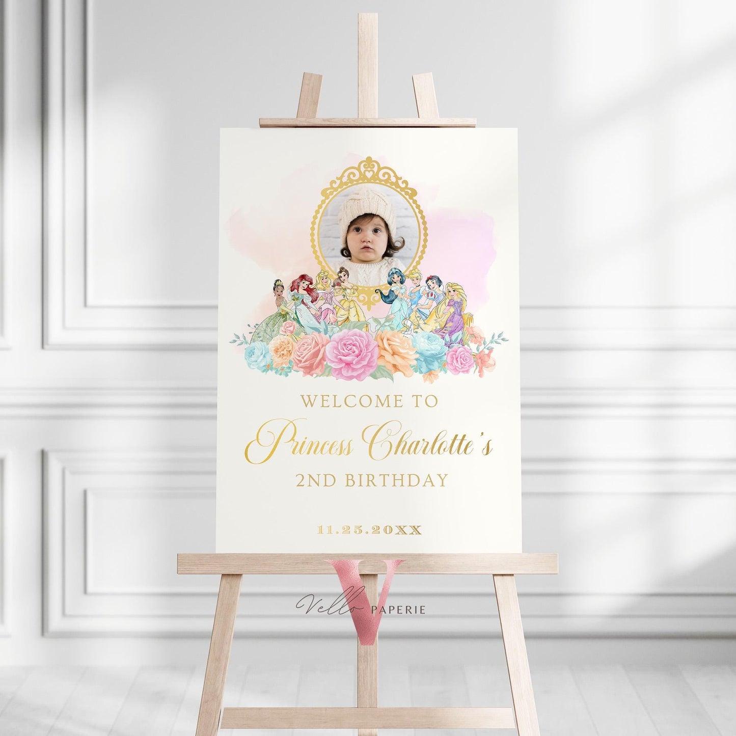 Editable Printable Photo Princess Birthday Welcome Sign | Once Upon a Time Birthday Party Decor Sign | Beige Gold Princess Watercolor 01