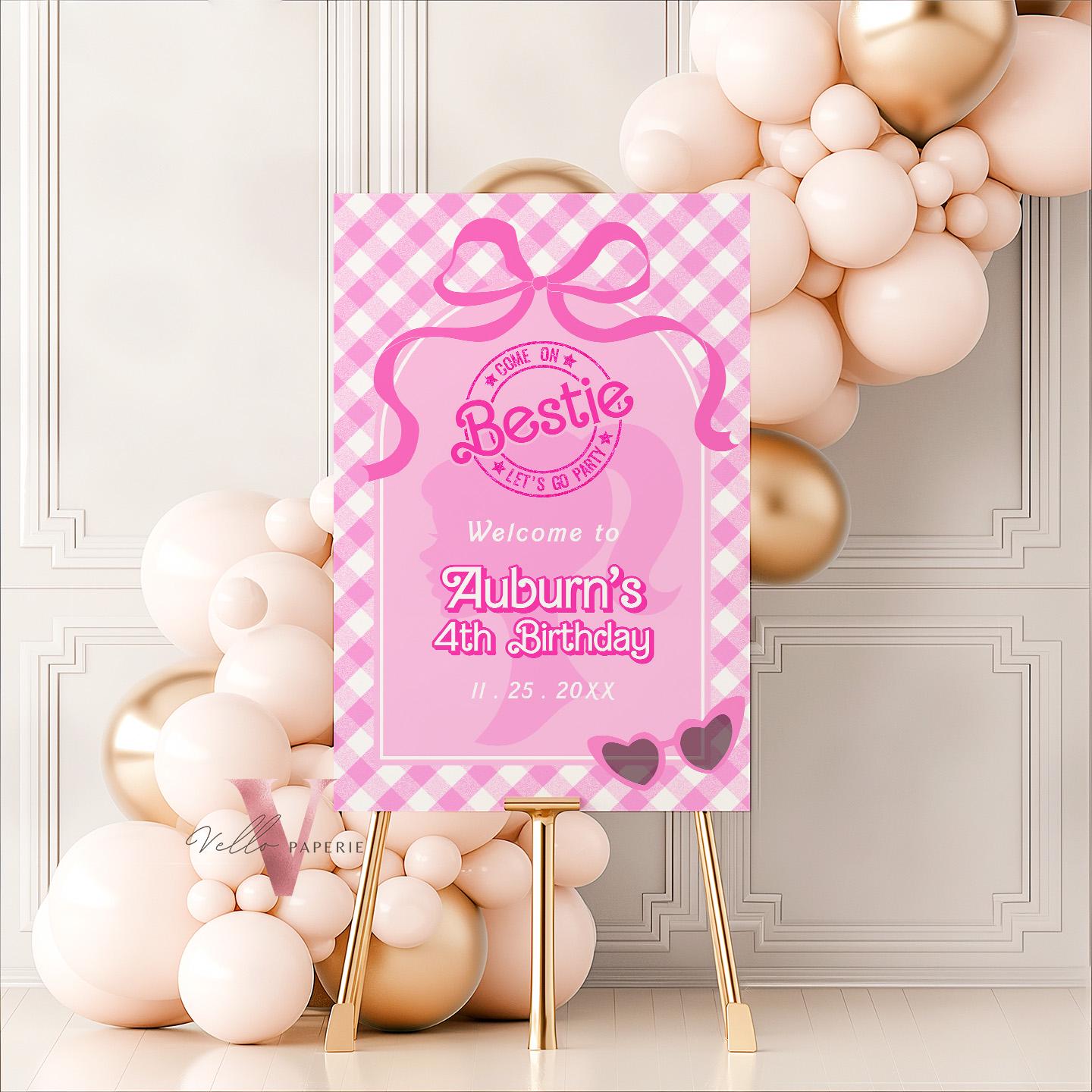 Editable "Bestie" Glam Pink Fashion Doll Birthday Welcome Sign | Cute Fashion Party Decor | Pink Doll Gingham Come On Lets Go Party PD28