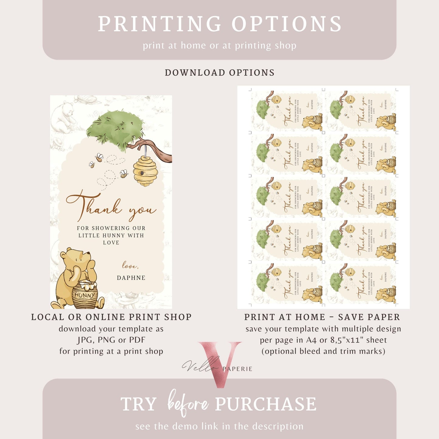 Classic Winnie the Pooh Baby Shower or Birthday Food Label | Editable Printable Beige Toile de Juoy, Little Hunny Party Favors, Decor WTP01