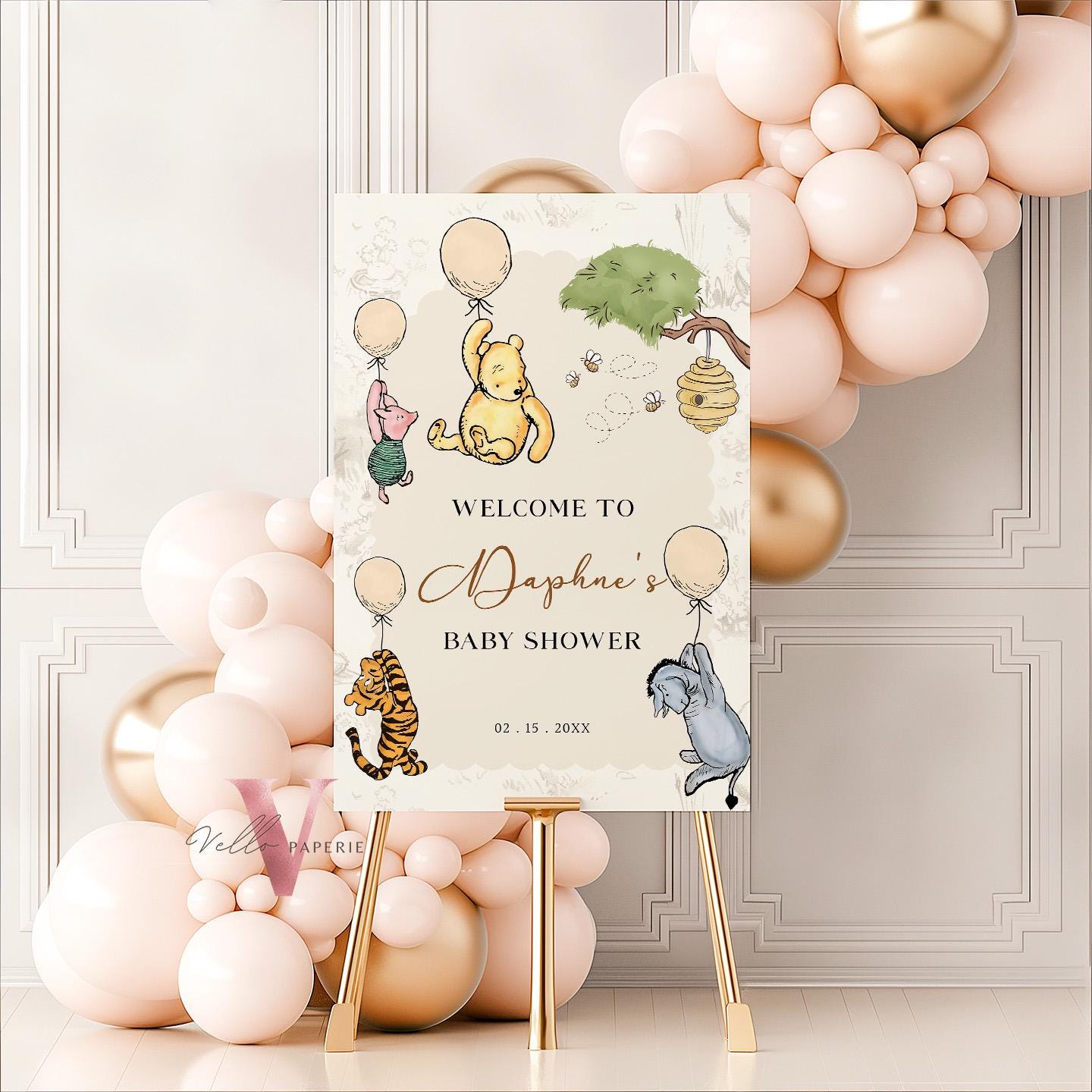 Editable Classic Winnie the Pooh Baby Shower or Birthday Welcome Sign | Printable Beige Toile de Juoy, Little Hunny Party Decor Sign WTP01