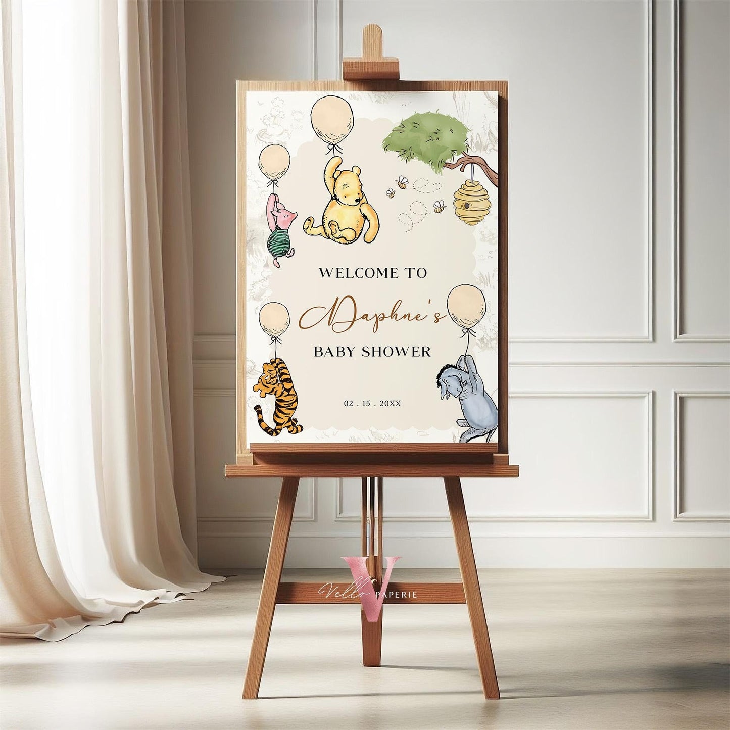 Editable Classic Winnie the Pooh Baby Shower or Birthday Welcome Sign | Printable Beige Toile de Juoy, Little Hunny Party Decor Sign WTP01