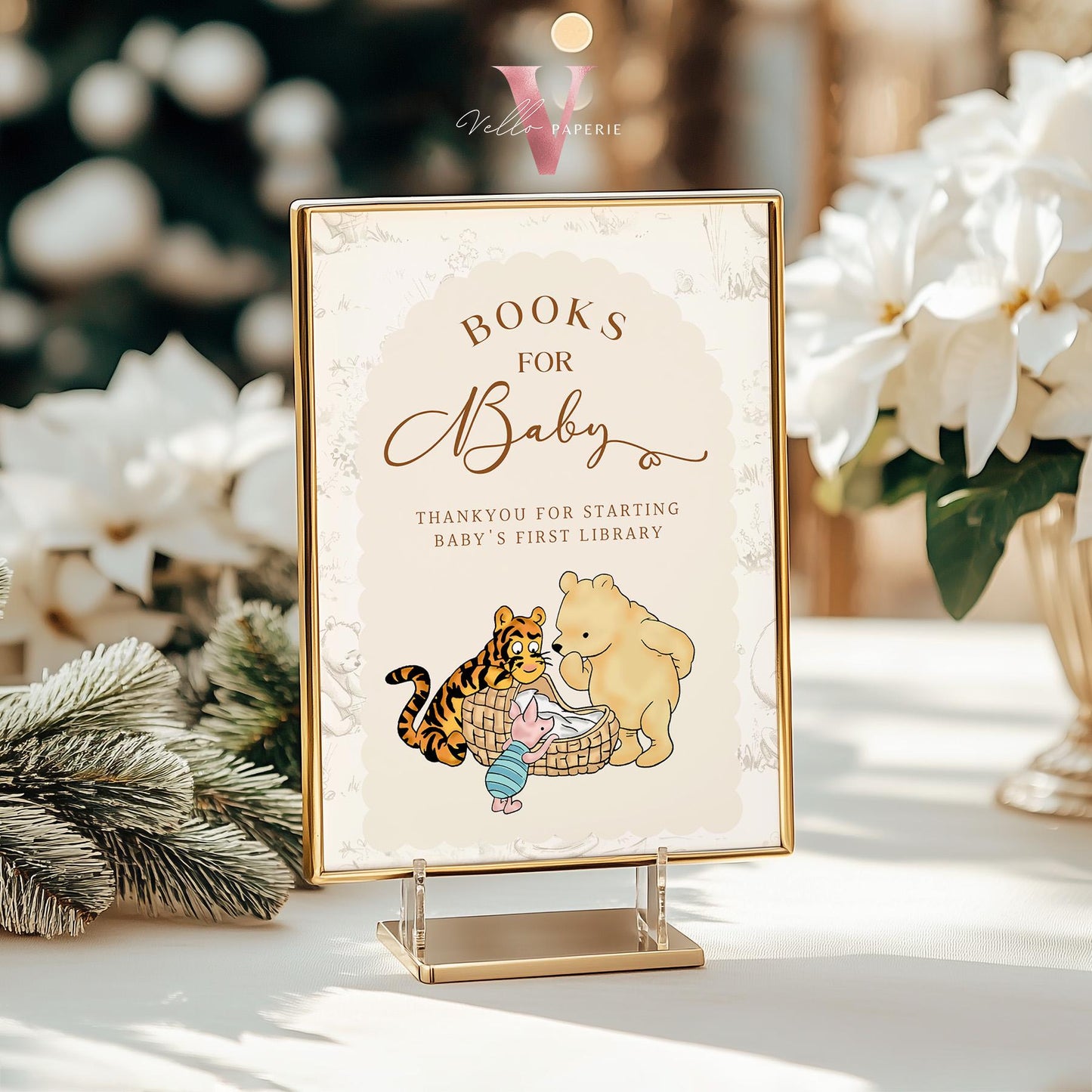 Editable Classic Winnie the Pooh Baby Shower or Birthday Premade Sign | Printable Beige Toile de Juoy, Little Hunny Decor Table Sign WTP01