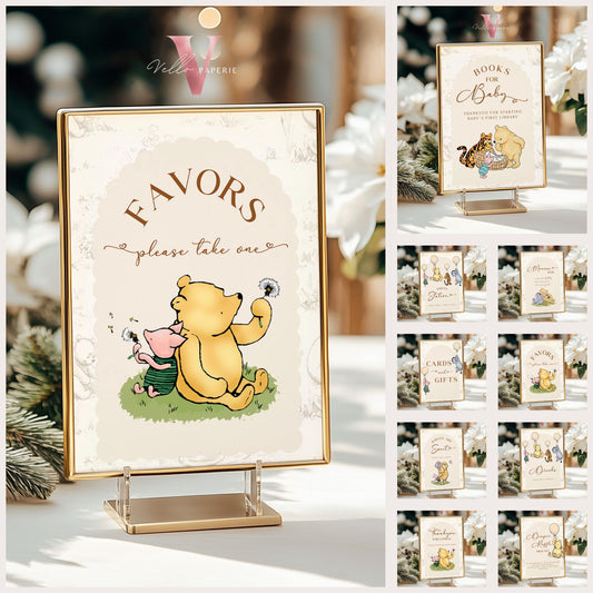 Editable Classic Winnie the Pooh Baby Shower or Birthday Premade Sign | Printable Beige Toile de Juoy, Little Hunny Decor Table Sign WTP01