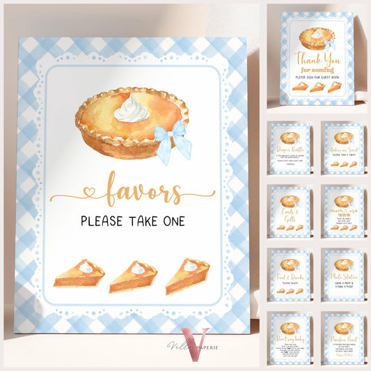 Editable Cutie Pie Baby Shower Premade Sign | FALL Autumn Cutie Pie Baby Shower Decor Sign | Blue Gingham Neutral Pie Party Table Sign CPB02