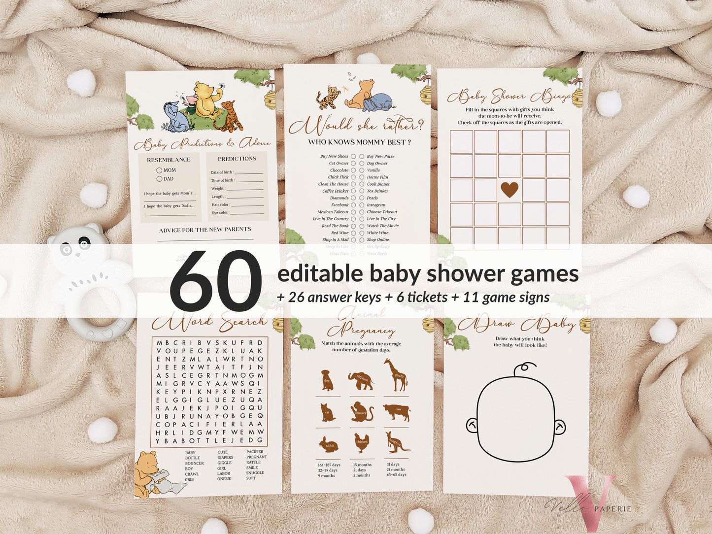 Editable Classic Winnie the Pooh Baby Shower Games & Activities Bundle Ticket Sign | Printable Little Hunny Pooh Baby Shower Games Set WTP01