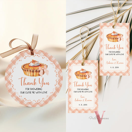 Sweet Cutie Pie Baby Shower Favor Tag | FALL Autumn Cutie Pie Baby Shower Thankyou Card | Orange Gingham Gender Neutral Pie Round Tag CPB01