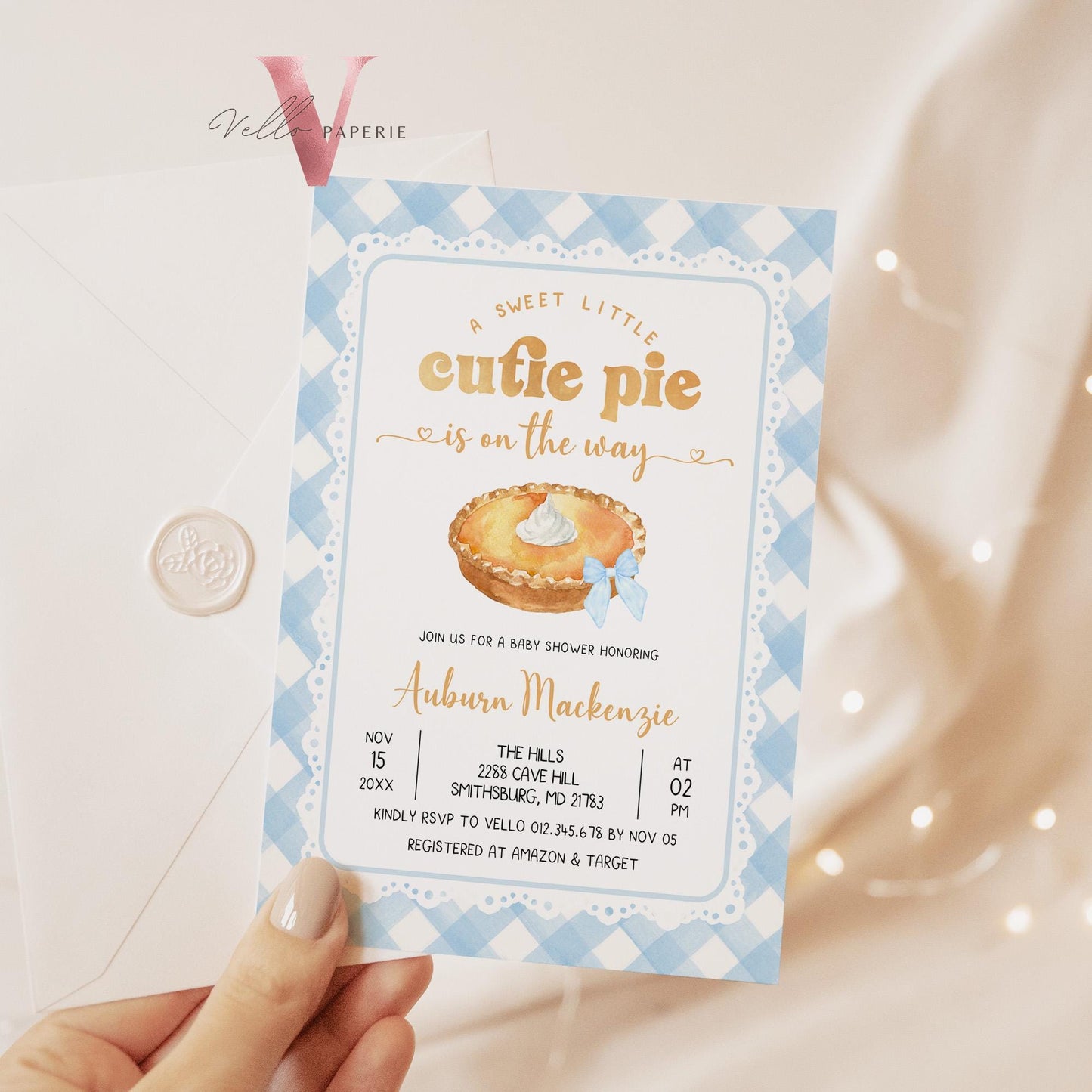 Blue Sweet Cutie Pie on the way Baby Shower Invitation | FALL Cutie Pie Baby Shower Invite | Autumn Baby Shower Boy Girl Pie Gingham CPB02