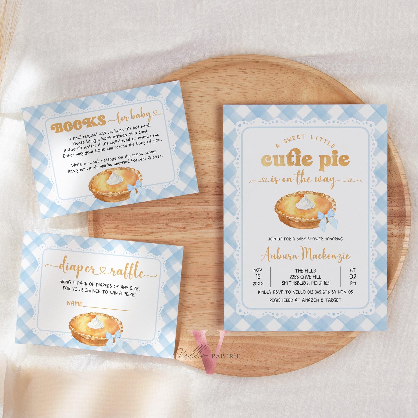 Blue Sweet Cutie Pie on the way Baby Shower Invitation | FALL Cutie Pie Baby Shower Invite | Autumn Baby Shower Boy Girl Pie Gingham CPB02