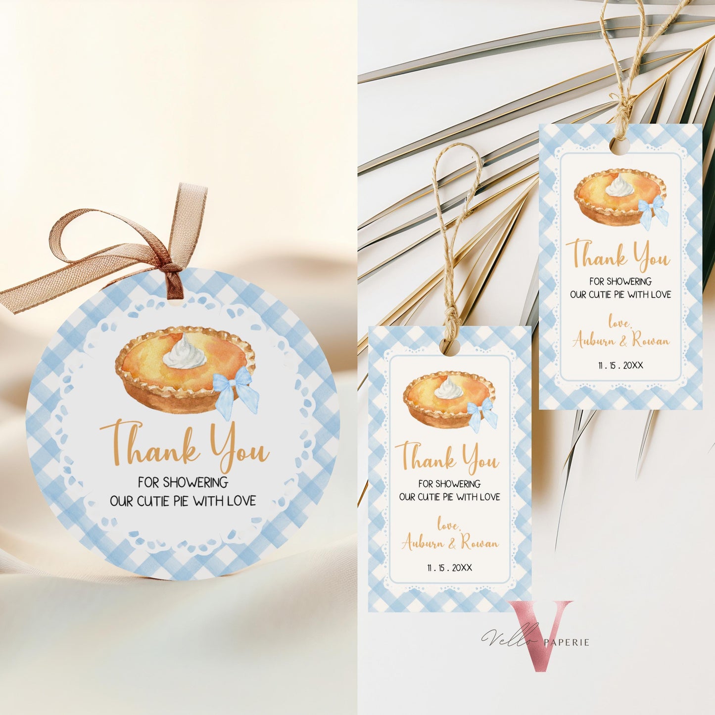 Sweet Cutie Pie Baby Shower Round Label | FALL Autumn Cutie Pie Baby Shower Thankyou Label | Blue Gingham Gender Neutral Pie Round Tag CPB02