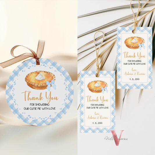 Sweet Cutie Pie Baby Shower Round Label | FALL Autumn Cutie Pie Baby Shower Thankyou Label | Blue Gingham Gender Neutral Pie Round Tag CPB02