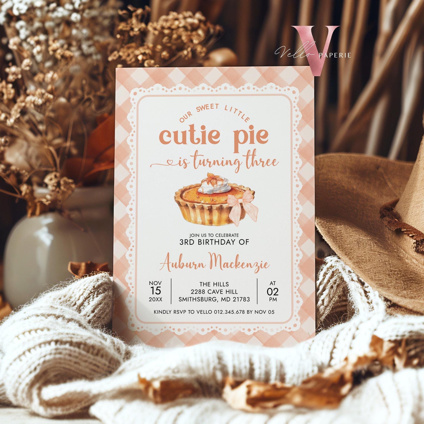 Editable Cutie Pie ANY AGE Birthday Invitation | FALL Sweetie Pie Birthday Party Invite | Autumn Birthday Gender Neutral Sweet Pie Orange