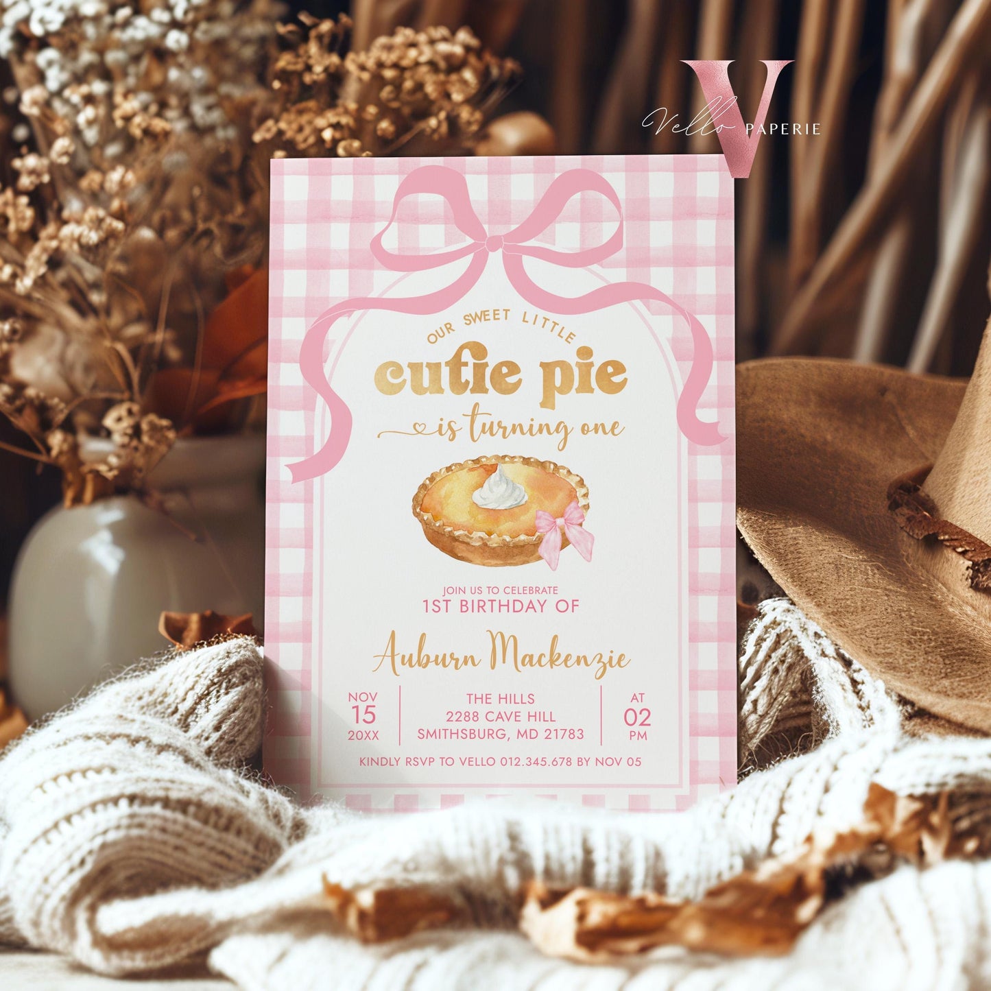 Editable Cutie Pie ANY AGE Birthday Invitation | FALL Sweetie Pie Birthday Party Invite | Autumn Pie Birthday Girl Sweet Pie Pink Photo